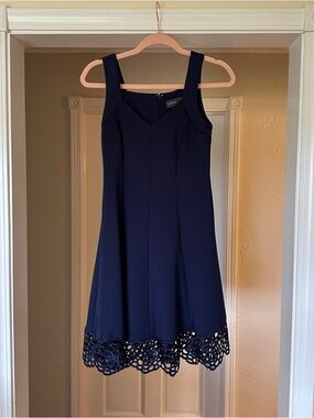 Donna Ricco Navy Blue Sleeveless Fit-and-Flare Dress with Lace Trim